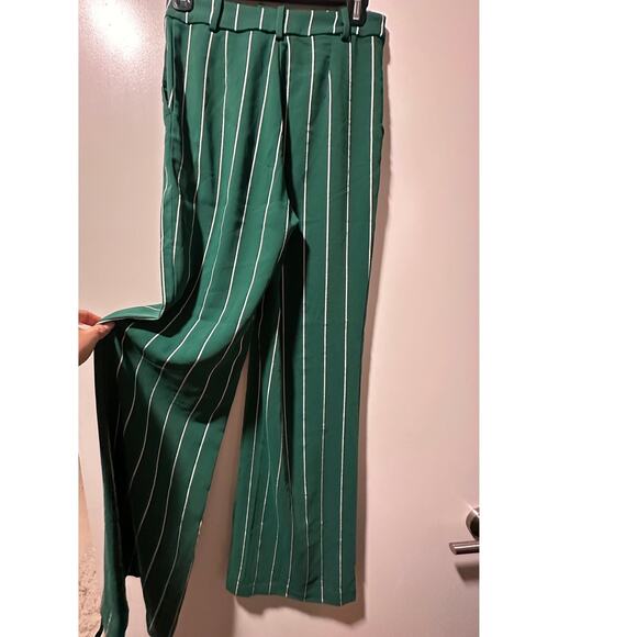 H&M Suit Pants Women's Green & White Woven Stripe  High Waist Wide Leg Trouser 2 - Picture 4 of 5